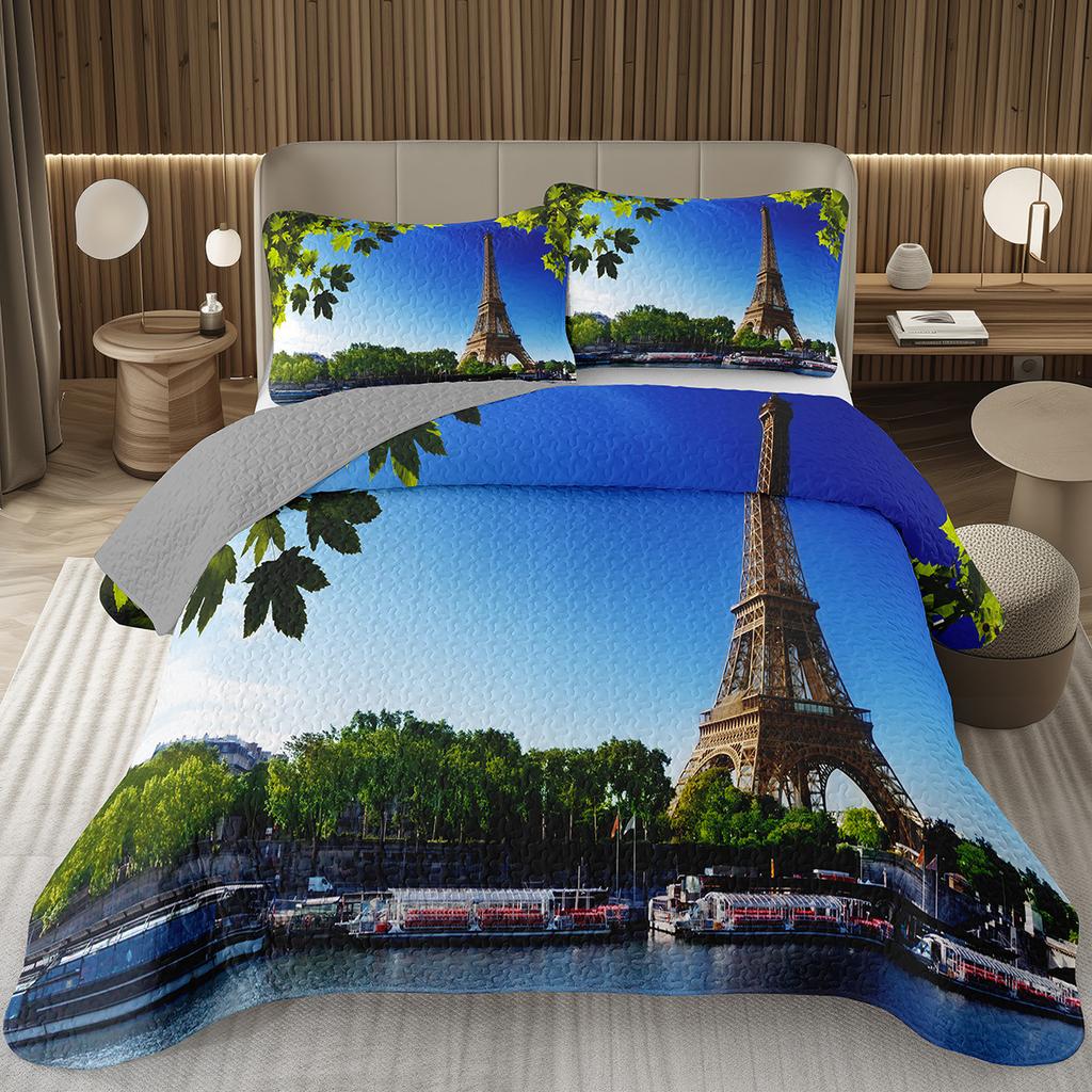 Eiffelturm Tagesdecke Vintage Paris Stadtlandschaft Quilt-Set Doppel-/Queen-Größe, Weiche Leichte Wendbare Tagesdecke für Mädchen Frauen