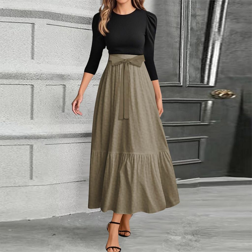 Women's Fashion Casual Belt Round Neck Solid Color Splicing Elegant Temperament Three-quarter Sleeve Dress
