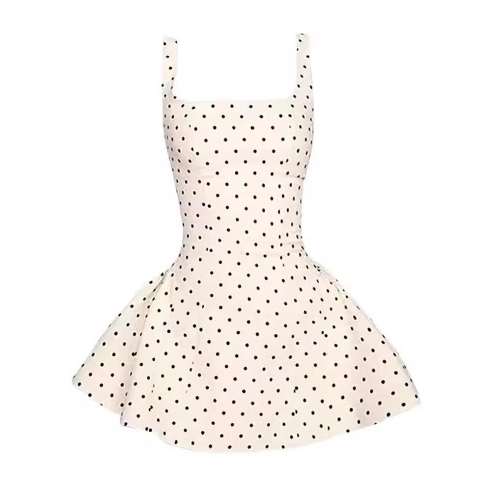 Apricot square neck suspender dress, women's spring innocence, waist short skirt, casual women's polka dot print women