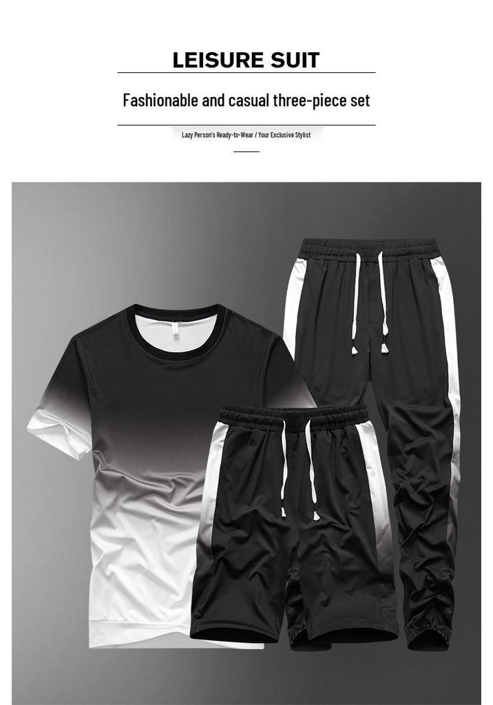 Men's Gradient Round Neck Short Sleeve T-shirt and Summer Shorts Casual Set.