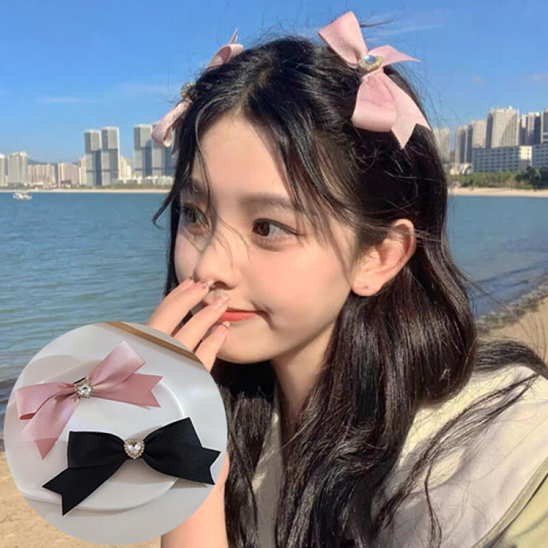 Pangi Lovely Cute Heart Side Ribbon Hair Point Pin pink