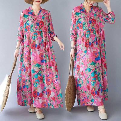 Echter Frühling und Sommer Neu Retro Baumwolle und Leinen Druck Locker Lässig Pilzspitze Kragen Langärmlig Großes Schwingkleid