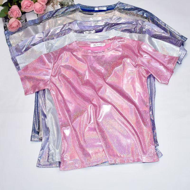 Top Corto Scintillante Stile Coreano - T-shirt da Performance Trendy Luminosa a Maniche Corte Larghe da Donna