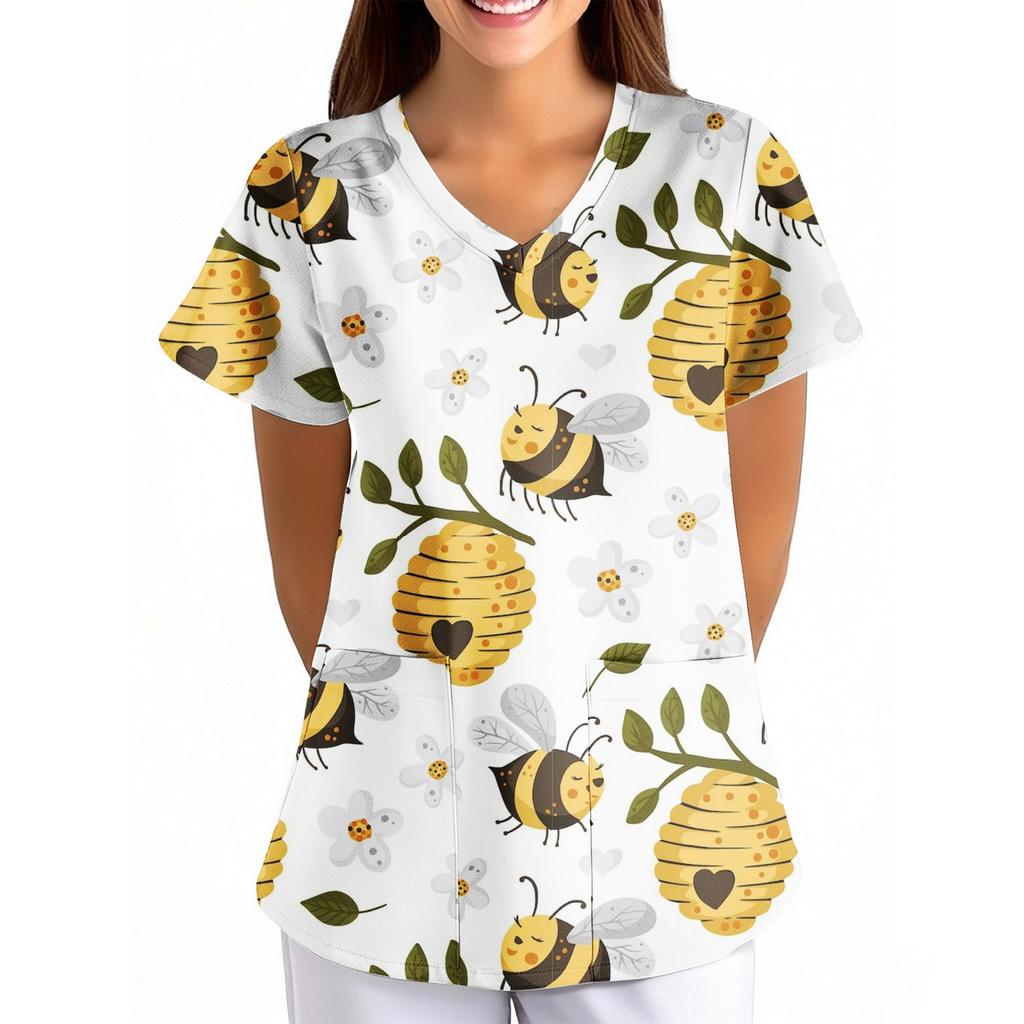 Women's Bee Floral Print Loose V-Neck Pocket Short Sleeve Uniform Uniform