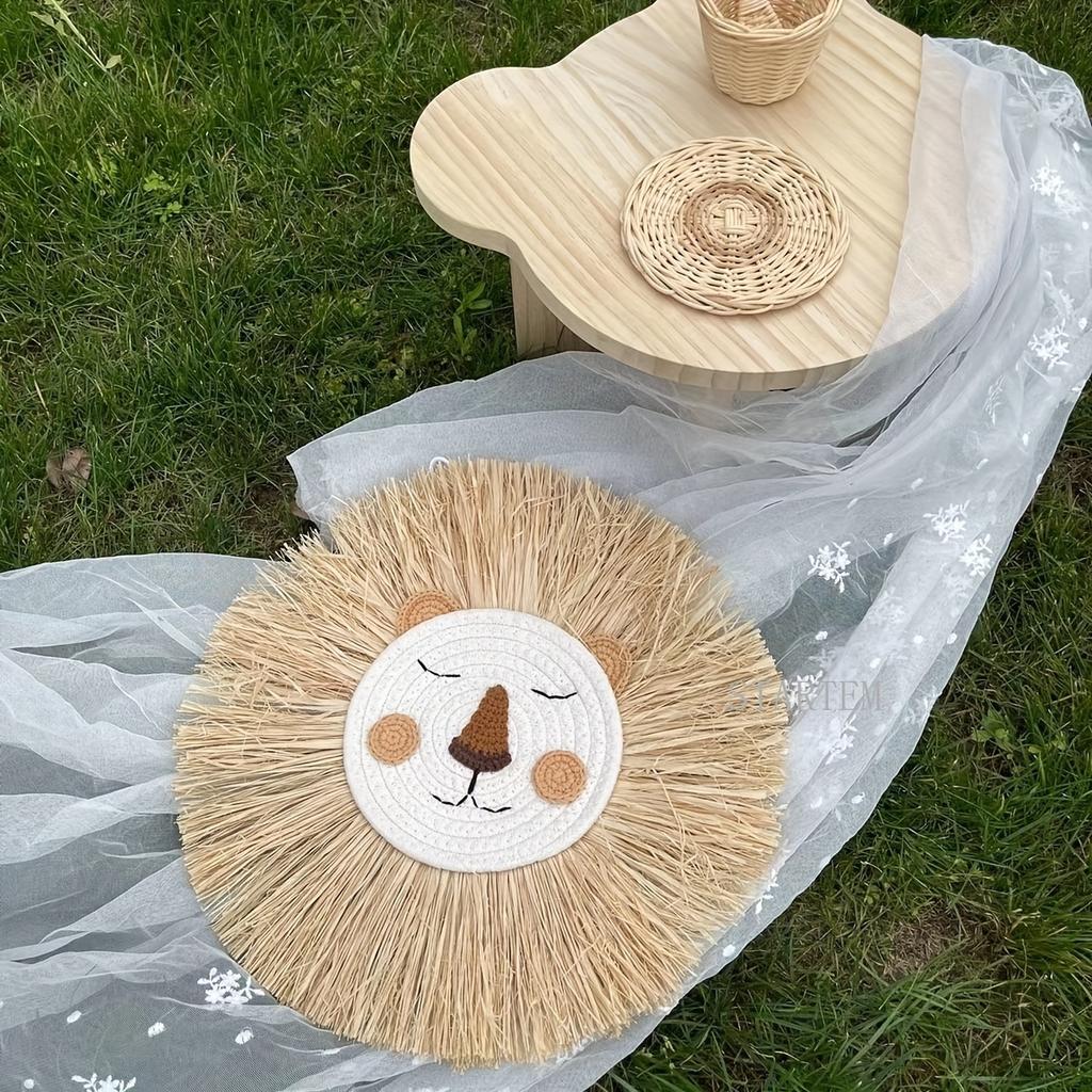 Nordic Handmade Lion Wall Decor Cotton Thread Straw Woven Animal Head Wall Hanging Ornament For Nursery Baby Room Decoration