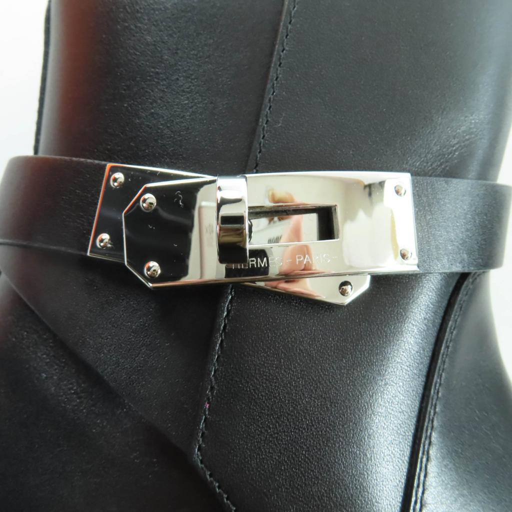 Great HERMES Short Boots Neo Kelly Buckle Leather Black Leather Women 34.5 Used