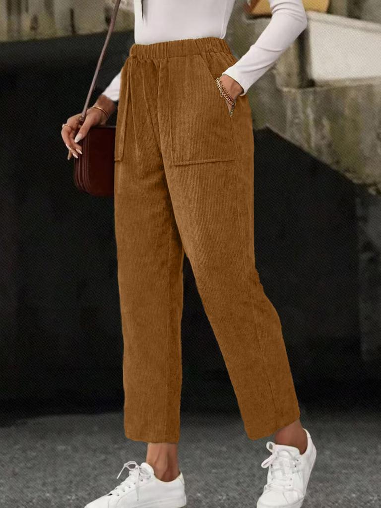 New Fall Women's Clothing Solid Elastic Waist Corduroy Pants Women Straight Leg Casual