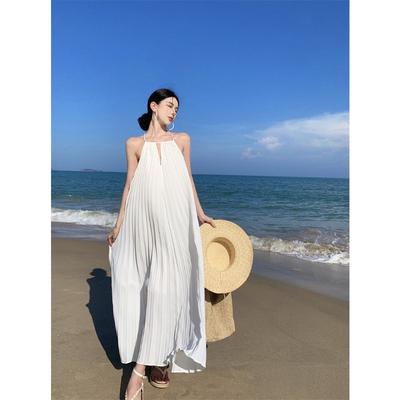French Beautiful Neck Sling Long Dress Island Vacation Heavy Industry Pleated Loose and Thin Backless Big Pendulum Dress Women