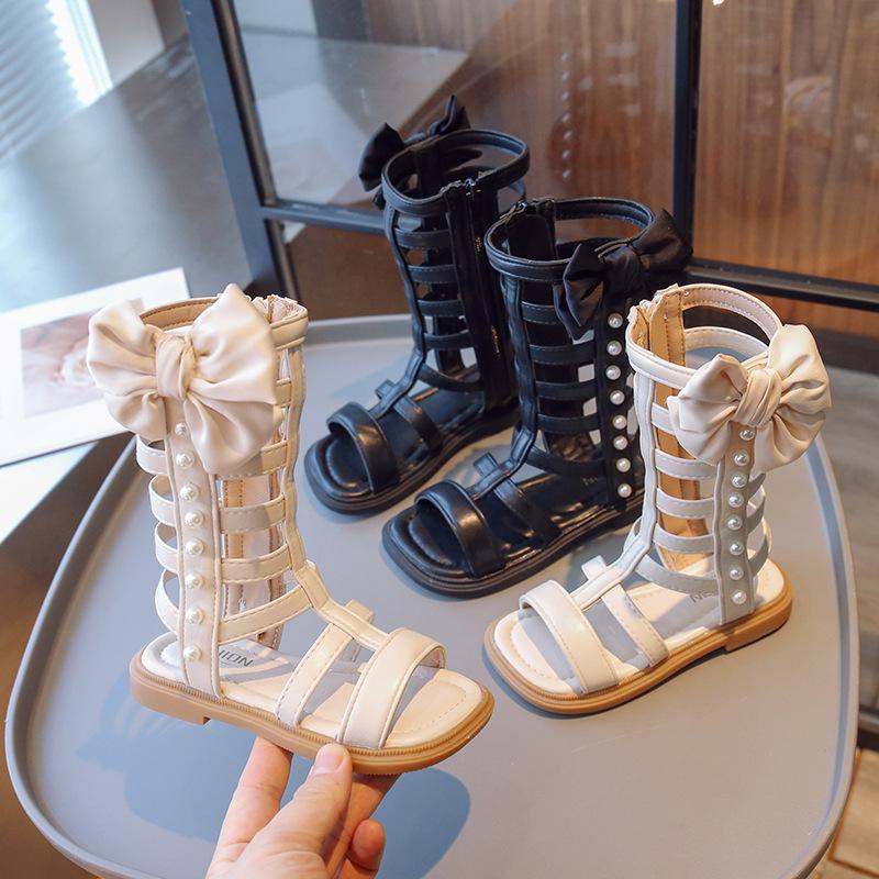 Sandales Romaines d'Été Montantes pour Filles, Enfants Moyens et Grands, Couleur Unie, Fermeture Éclair Latérale, Chaussures de Princesse