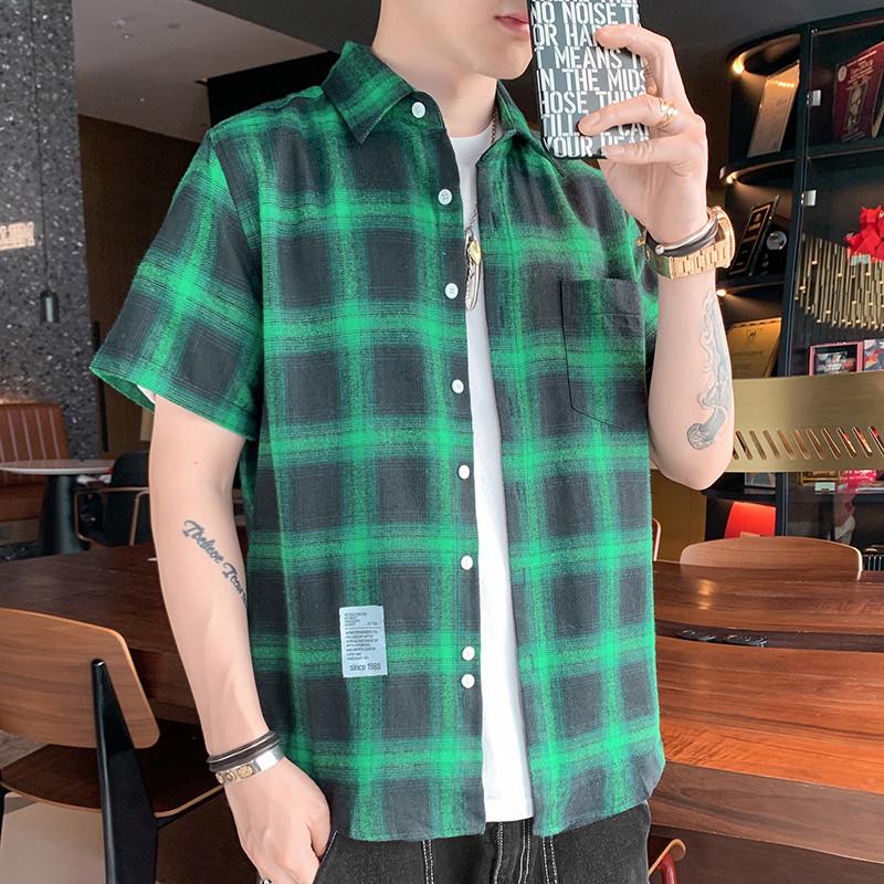 Men's Summer Plaid Short Sleeve Casual Shirt - Versatile Japanese Style