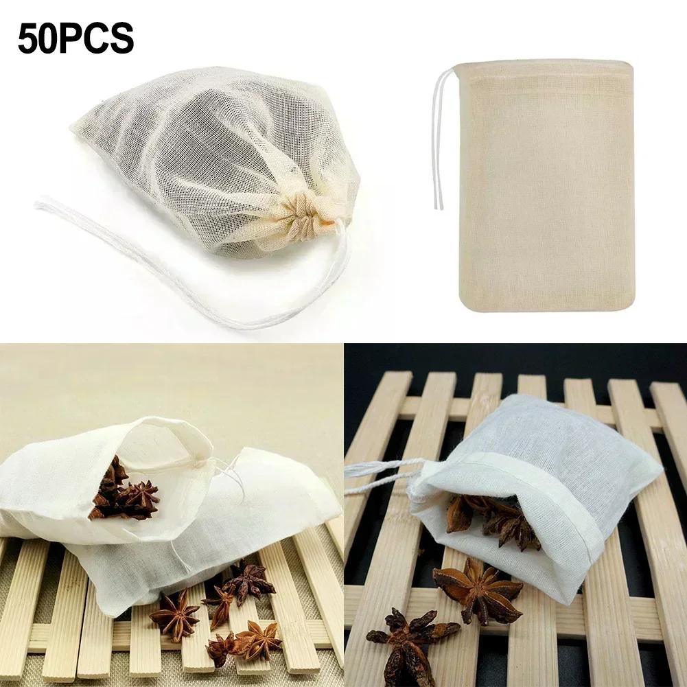 Neues praktisches Kordelzug-Design Baumwolltaschen Teetaschen für Gewürze Traditionelle Medizinbeutel 50er Pack Baumwolltuch Bündeltasche