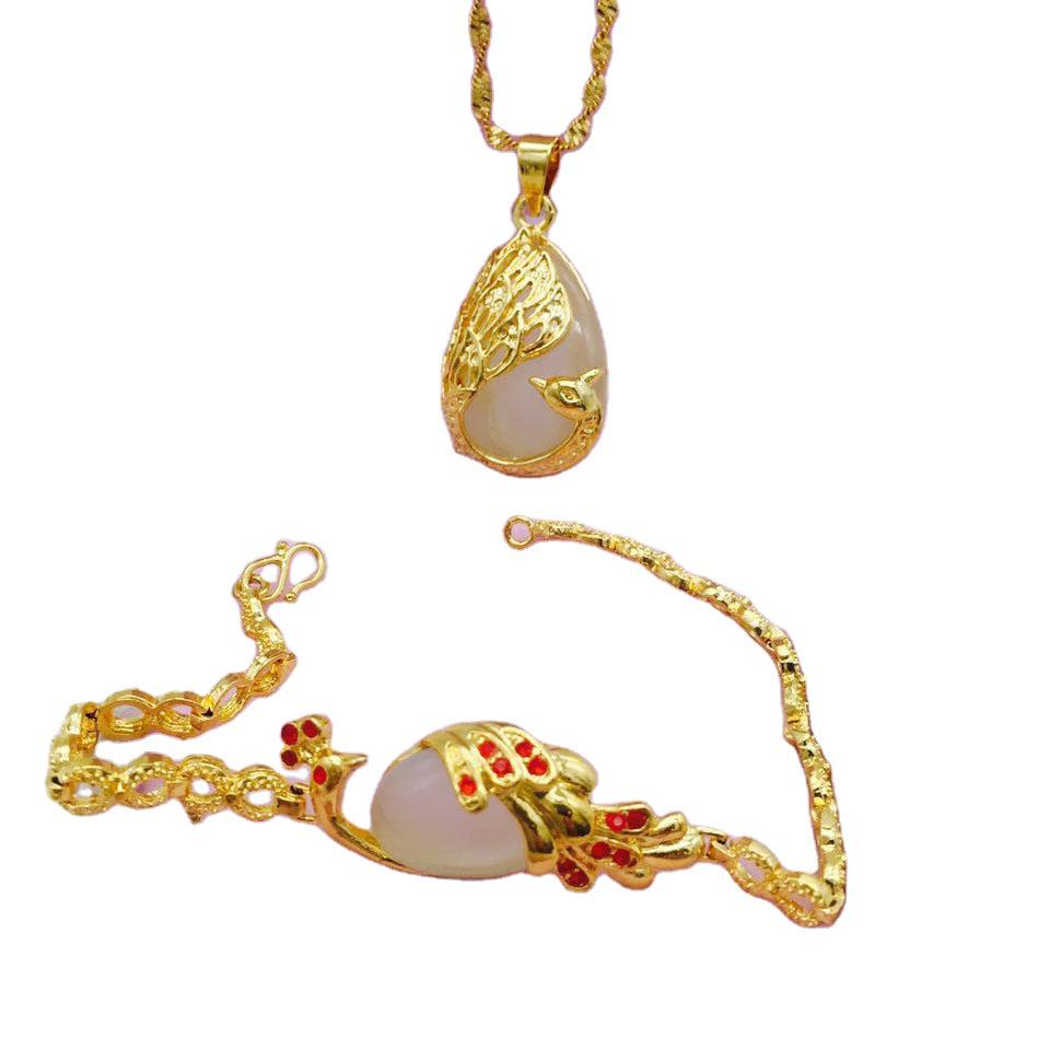 European Gold-Plated Women's Necklace & Bracelet Set with Cat's Eye Peacock Pendant Jewelry