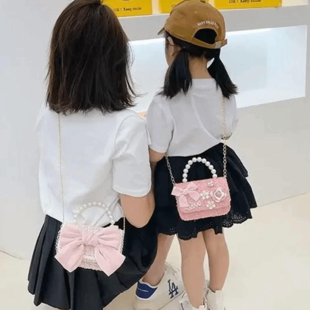 Fashion Synthetic Leather Princess Bag Pearl Decorated Handheld Pearl Handbag Children's Fashion Bag Girl