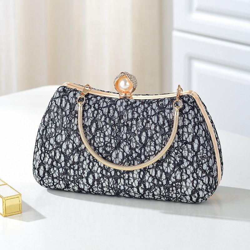 

Женский вечерний клатч для ужина, изысканная высококлассная свадебная сумка Black (Lace Sequin + metal Satchel)