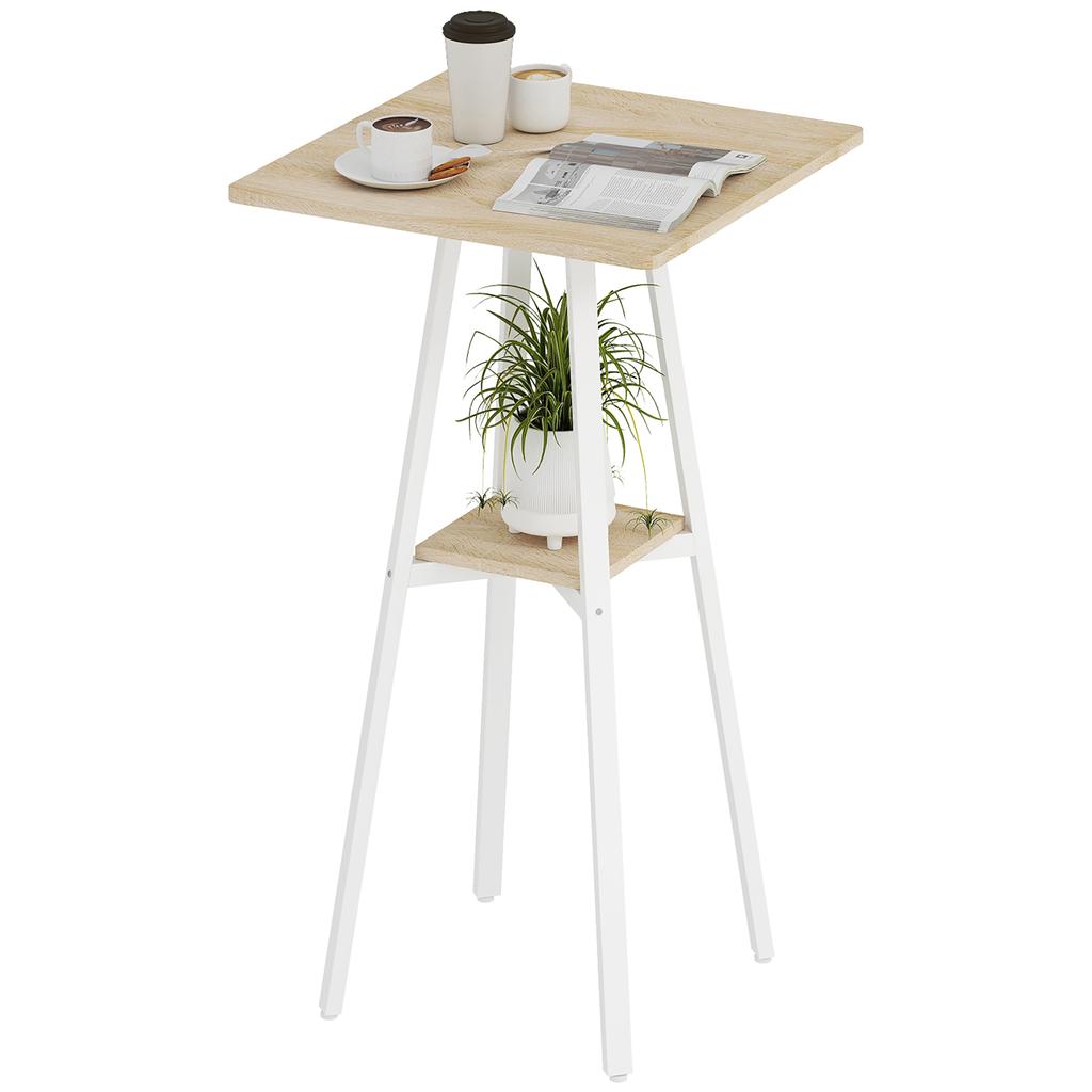 Square bar table for 2 people, high kitchen standing table with shelf, 55 x 55 x 95 cm, natural and white