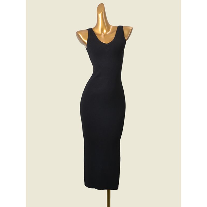 American Brand Double V Neck Knitting Long Dress Fashion Wind Black Basic Style Sunken Stripe Silm Base Export Dress