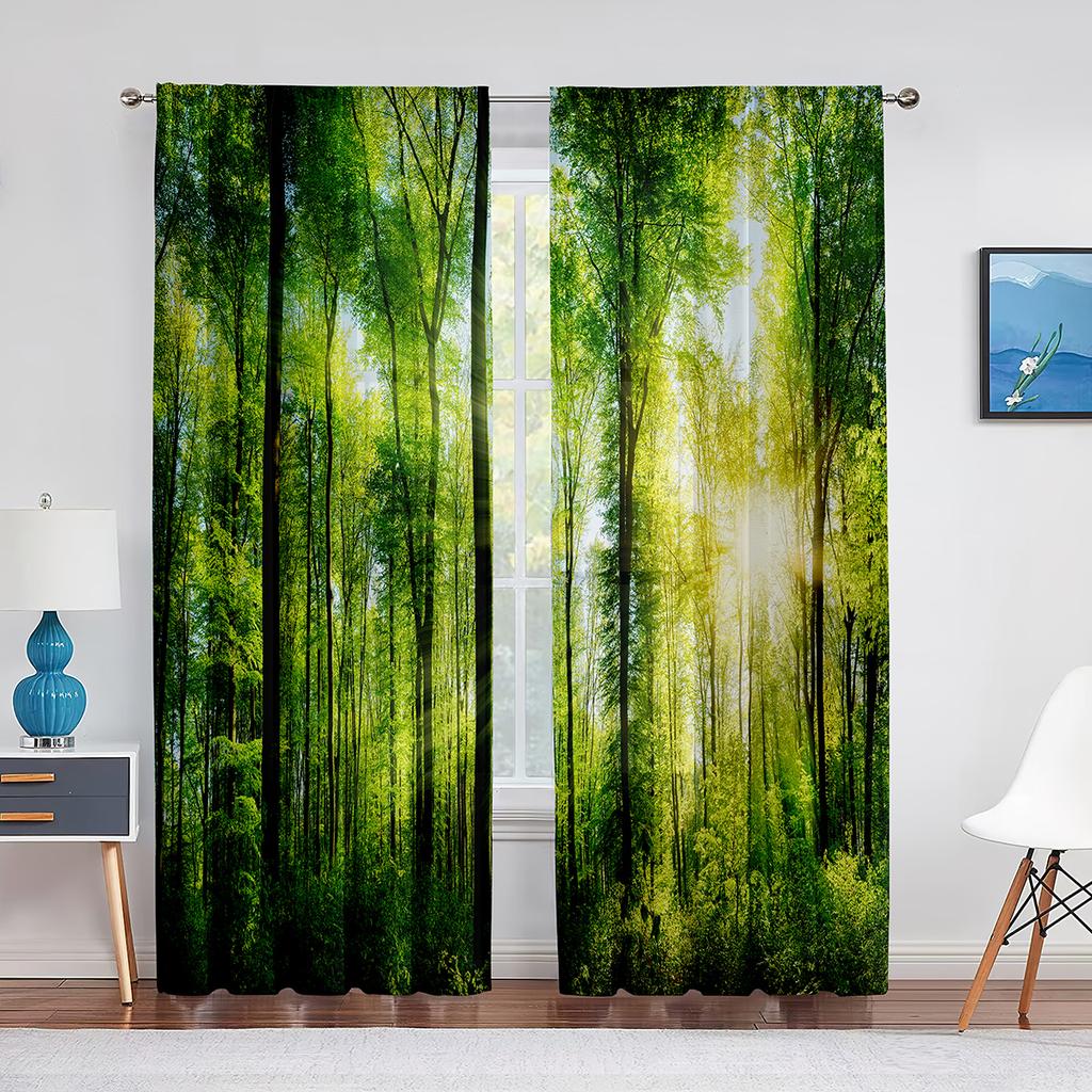 2panels Woodland Forest Foliage Sunbeams Nature View Curtains for Living Room Bedroom Kitchen Decor Sheer Curtains Window Drape
