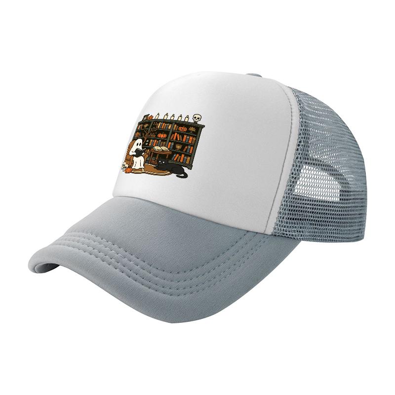 Library Cats Bookshelf Design Mesh Baseball Cap Breathable Trucker Hat for Cat Lovers Reading Theme Fashion Accessory