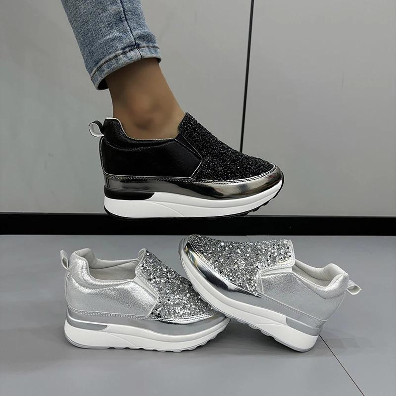 Fashion 2024 Spring and Autumn Women's Loafers Silver Sneakers Rhinestone Platform Shoes Inner Heightening Sneakers Zapatos De Mujer
