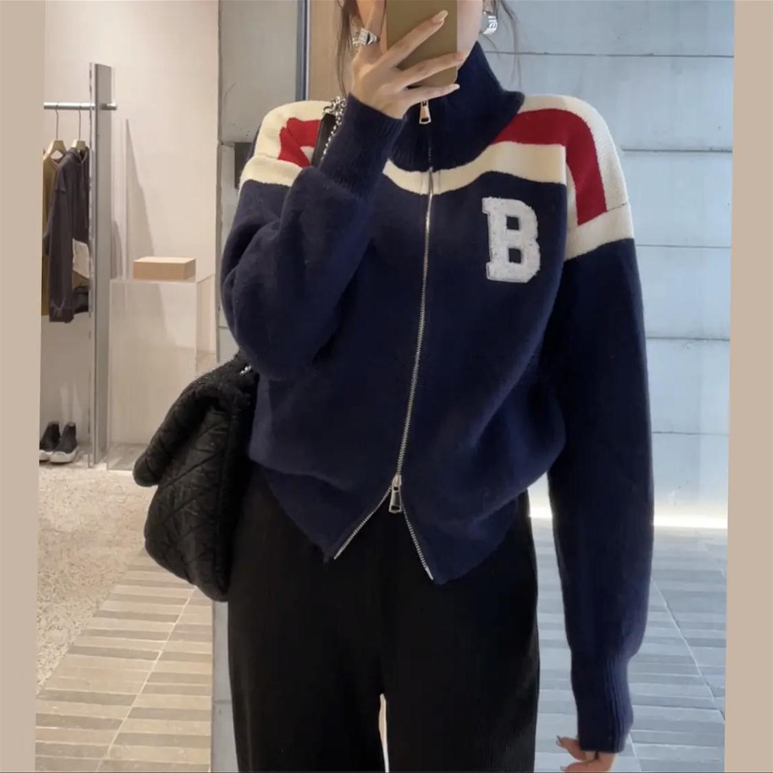 

Зимний дизайн, двойная молния, воротник-стойка, вязаный кардиган, свитер соответствующего цвета, маленькое пальто для женщин темно-синий