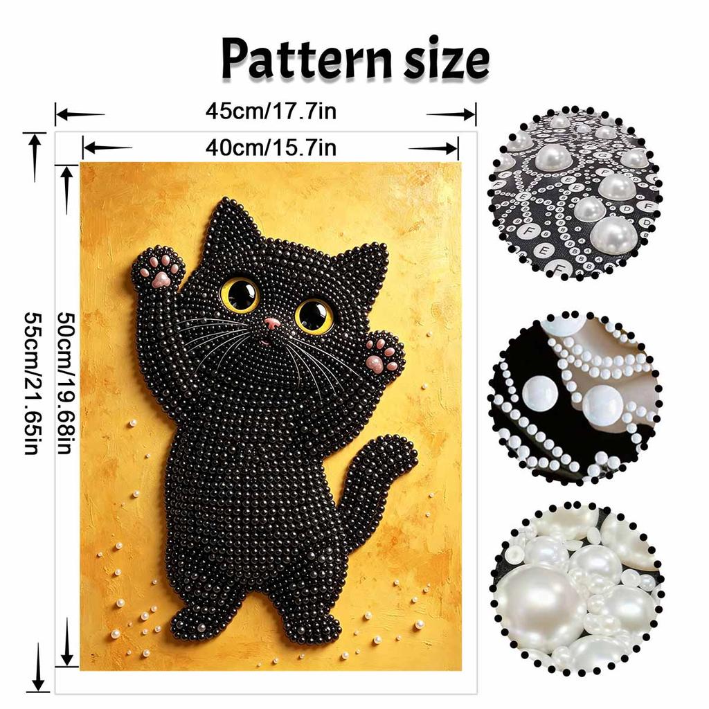 Framed Pearl Painting Kit Cute Black Cat Design 3D Shiny Bead Art Canvas for Bedroom Living Room Decoration Wall Hanging Art Craft Gifts