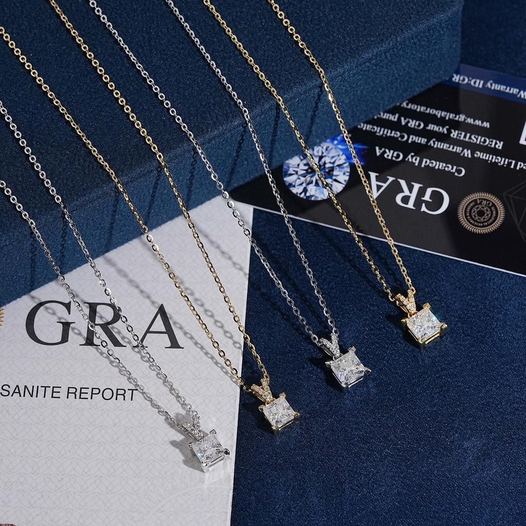 Super Sparkle Princess Cut Moissanite Square Necklace 1.2/1.5 Carat Luxury Clavicle Chain