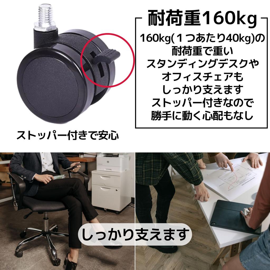 East Leaf Standing Desk/Office Chair Retrofit Casters with Stoppers [Set of 4, M8 x 15mm] (Black)