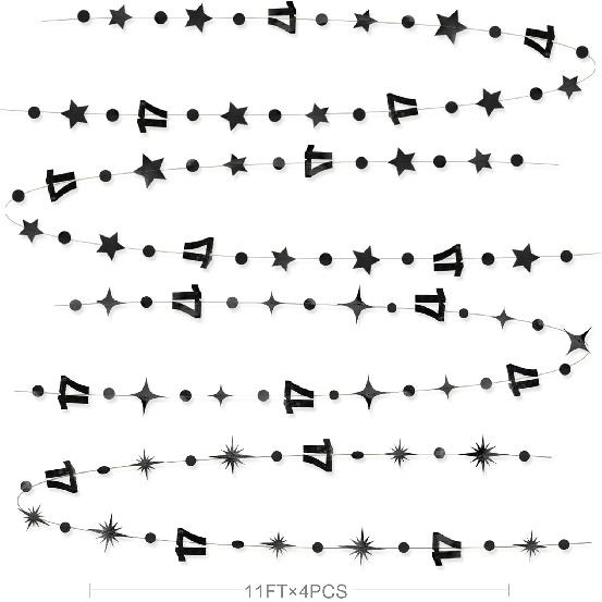 Black 17th Birthday Decorations Number 17 Circle Dot Star Garland Streamer Banner Backdrop for Girls Boys Cheers to 17 Years Old Birthday 17 and