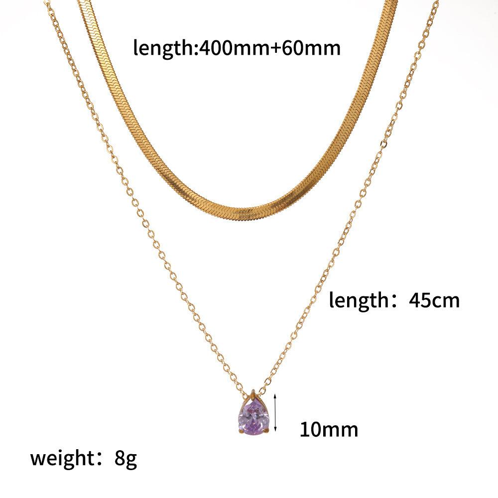 Trendy Fashion Color Zircon 18K Gold Plated Stainless Steel Water Drop Birthstone Pendant Stacked Collarbone Necklace for Women