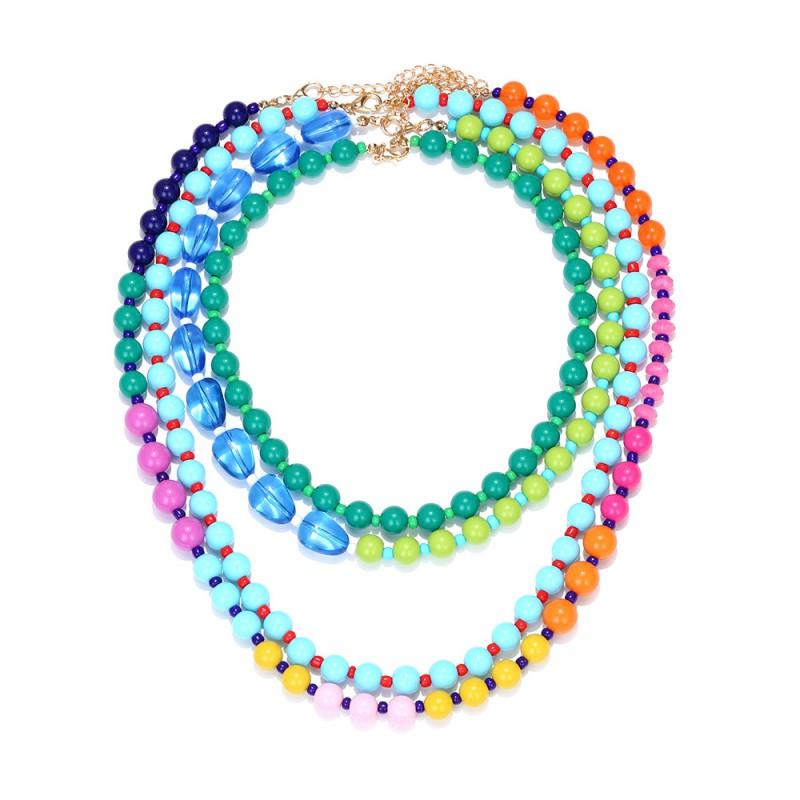 Handmade Layered Gradient Waterfall Necklace Women Vintage Rainbow Beaded Pendant Resin Alloy Chain 61-70cm Adjustable
