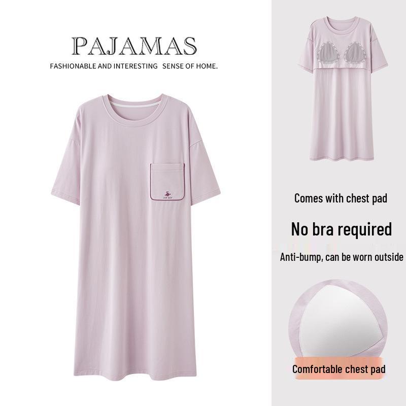 Women's Pure Cotton Loose Mid-Length Nightgown with Bra Pads – Comfortable Anti-Exposure Pajamas for Spring, Suitable for Home or Outdoor Wear.