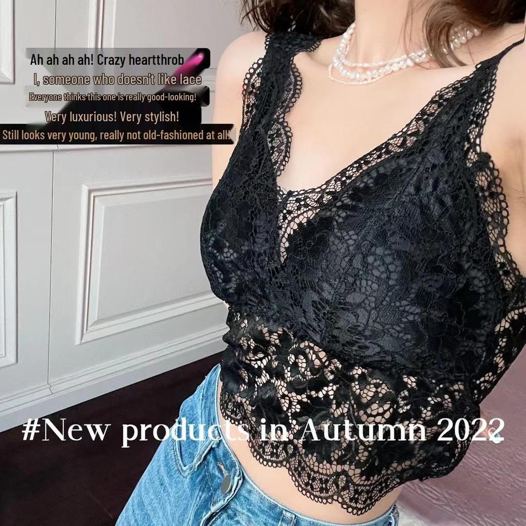 6060 Lace V-Neck Ice Silk Backless Tank Top with Integrated Cup Lingerie