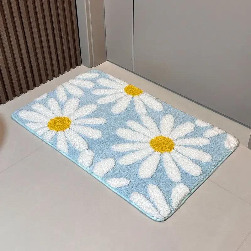 VIKAMA Fresh Daisies Fluffy Rug Water-Resistant Anti-Slip Bathroom Floor Mat Bedroom Balcony Entrance Door Mat Home Decoration