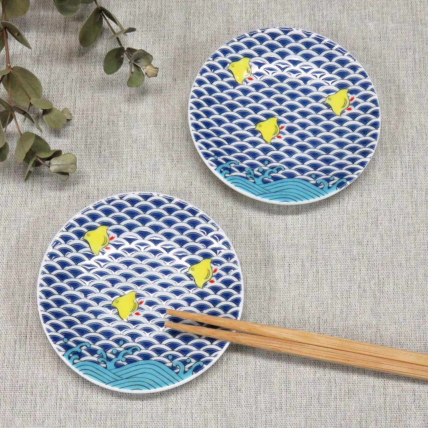 

Waza no Kura Kutani Ware Lucky Small Plates, Chidori Pattern (Set of 2) Ceramic Small Plates, Brand Name Japanese Tableware