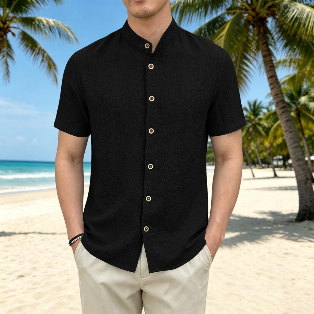 Men's Casual Loose Fit Short Sleeve Shirt Stand Collar Button Front Lightweight Summer Top