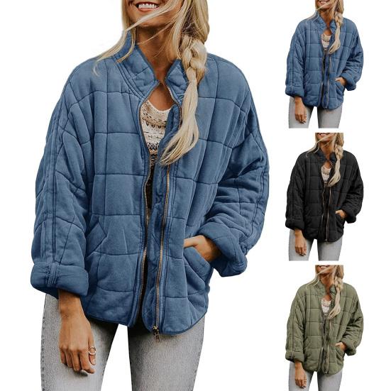 Women's Quilted Puffer Jacket Lightweight Zip Up Padded Down Coat Winter Warm Long Sleeve Outerwear with Pockets
