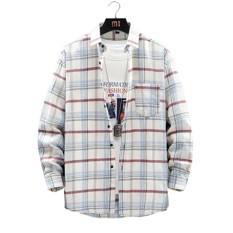 Men Casual Loose Plaid Turn Down Collar Long Sleeve Fashion Shirt