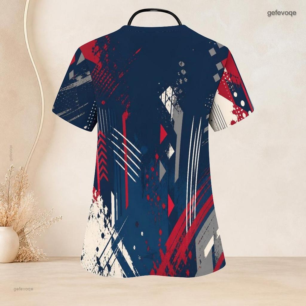 Women Plus Size Printed Nurse Scrub Top V Neck Short Sleeve With Front Pockets