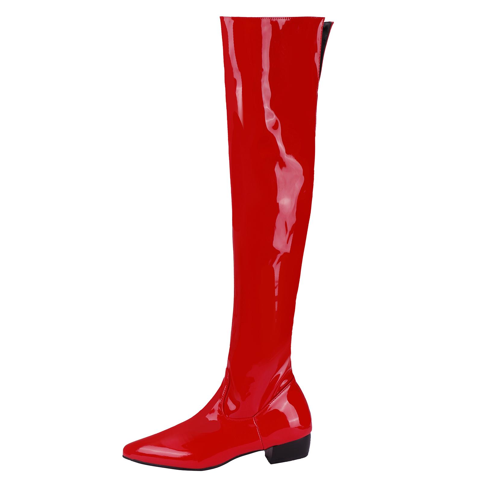 

Женские ботфорты из лакированной кожи конфетных цветов оверсайз на среднем каблуке с острым носком и плюшевой подкладкой, блестящие цветные длинные сапоги 46 красный