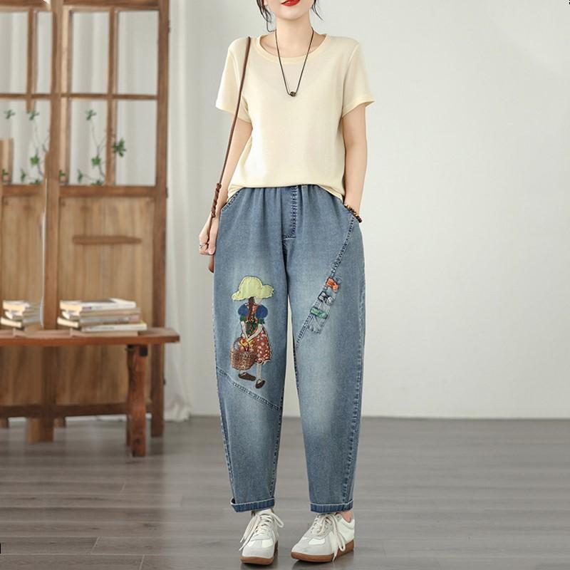Taglie forti Vintage ricamo vita alta casual larghi Donna Primavera estate autunno jeans denim Pantaloni Harem