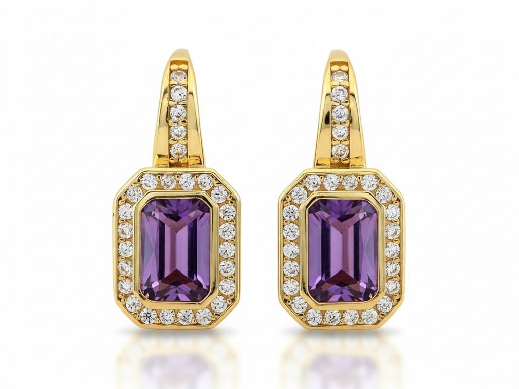 585 Gold Earrings with a Rectangular Purple Stone and White Zircons