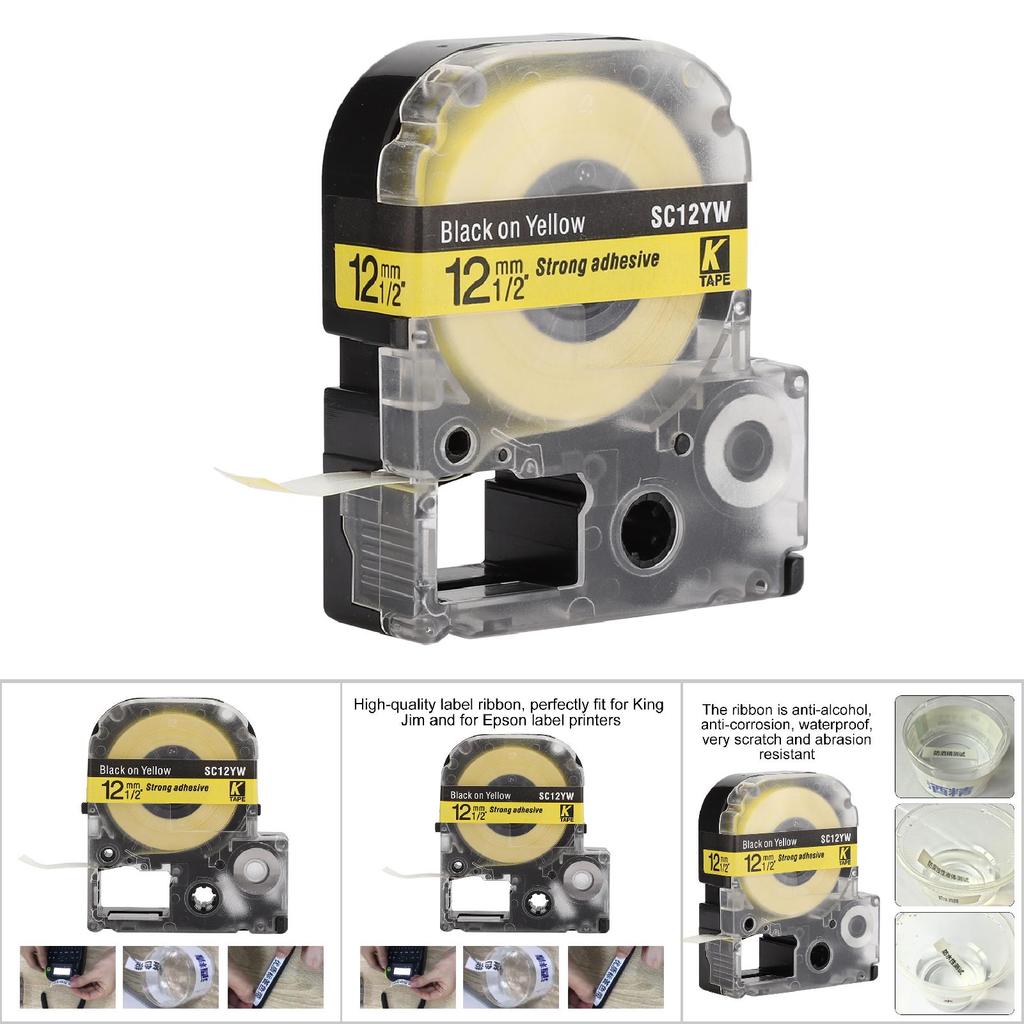 12mm Label Machine Ribbon High Quality Fit for King Jim for Epson SR230CH 8 Meters Length 12mm Yellow Bottom Black