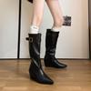 High boots fashionable versatile belt buckle pointed wedge black new autumn and winter thin boots outer boots versatile