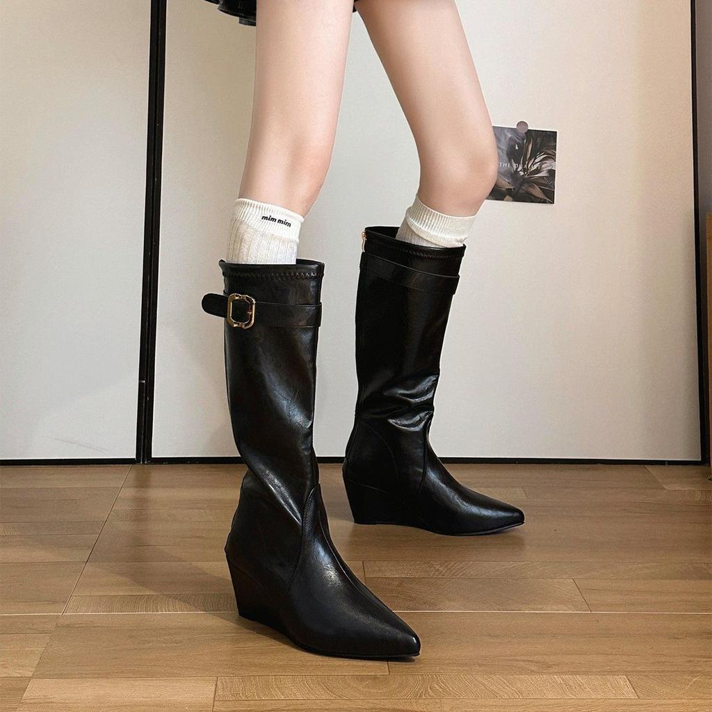 High boots fashionable versatile belt buckle pointed wedge black new autumn and winter thin boots outer boots versatile