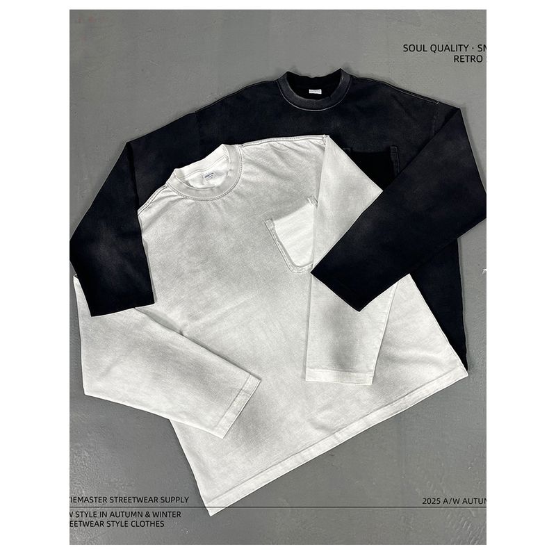 Pure Cotton Long-Sleeved Men's T-Shirt 2025 New Trendy Autumn Clothing for Teenagers Washed Round Neck Loose White Base Shirt