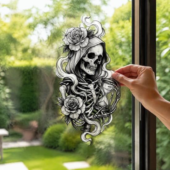 Skull Rose Window Cling Halloween Skeleton And Static Clings, Removable Sketch & Decoration Flower Glass Sticker, Waterproof PVC Decal for Home Store