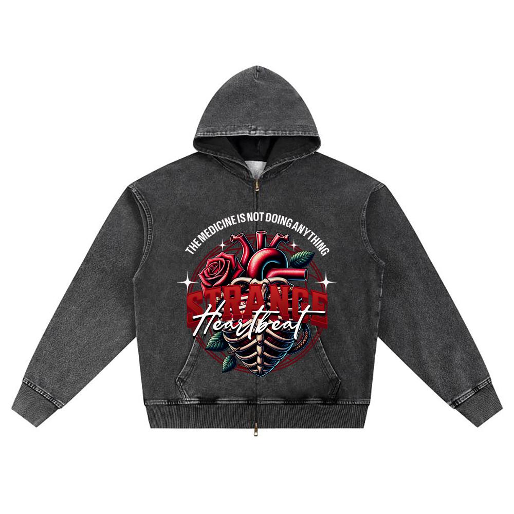 DTG Print Knitted Denim Zip-Up Hoodie Strange Heartbeat T Shirt Brother Print Zipper Hoodies