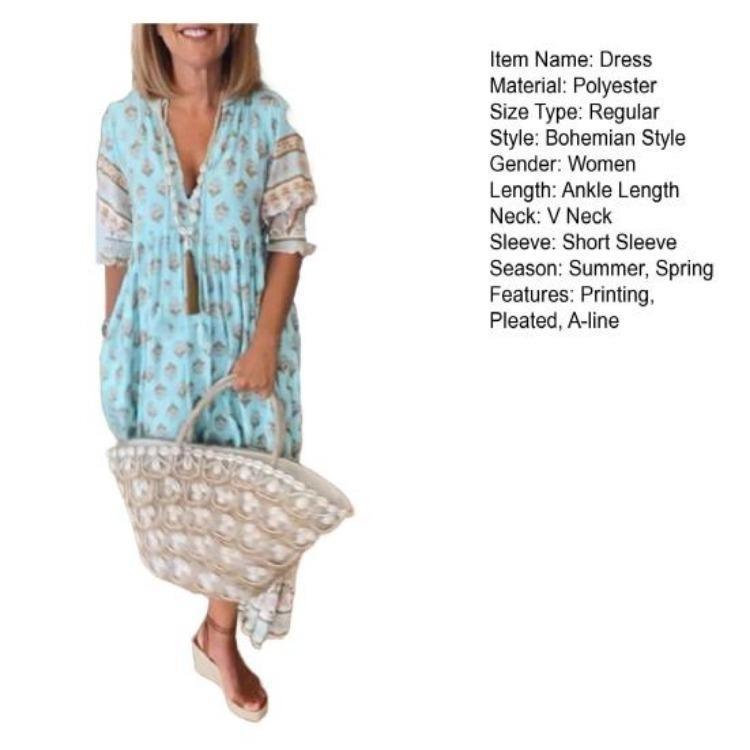Letnia Sukienka Maxi Styl Bohemian Wysoki Stan Linia A Plisowana Rozkloszowana Z Nadrukiem Dekolt V Rękawy Latarenkowe Sukienka Wiosenna