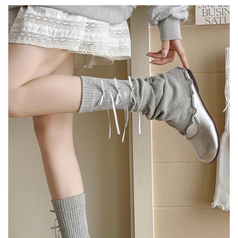 White Bow Stack Socks Women Y2K Style Thin Mid-Calf Leg Warmers Sweet Punk Cotton Blend