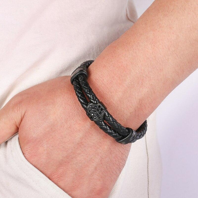 Fashion Style Men Hand-Woven Leather Bracelet Black Metal Buckle Men's Wristband Gift